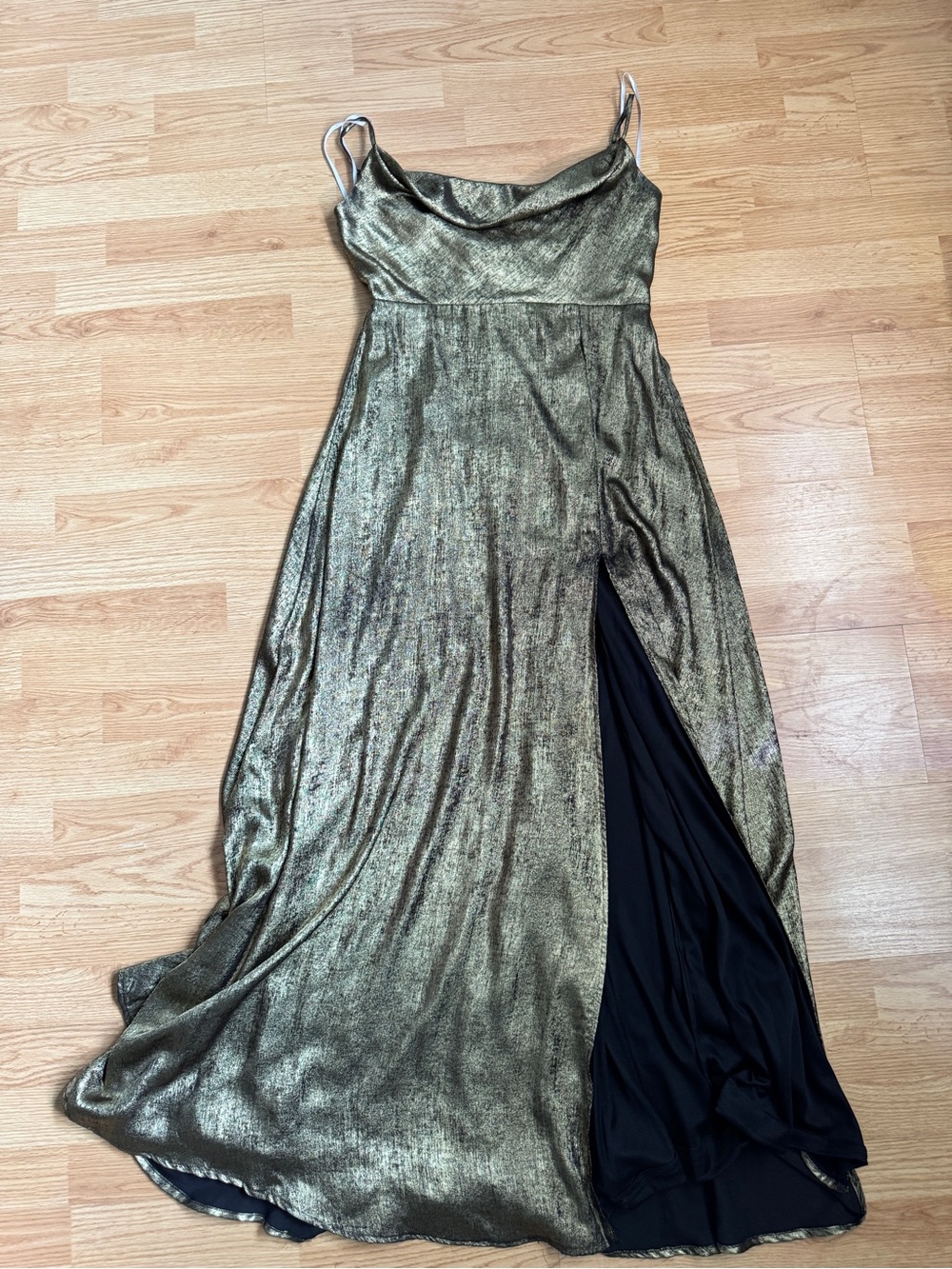 Lulu's Metallic Gold Spaghetti-Strap Maxi Dress with Black Slip